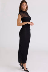 black draped mesh maxi dress
