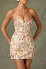 Embellished Strapless A-Line Mini Dress in Floral Beige