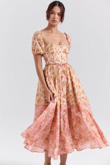 peach poppy print puff sleeve midi sundress