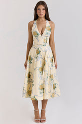 lemon ribbon stretch cotton halter midi sundress