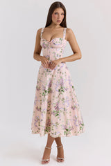pink floral corset midi dress