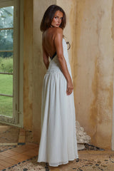 CAROLINA HALTER RUCHED MAXI DRESS - IVORY/BLACK POLKA