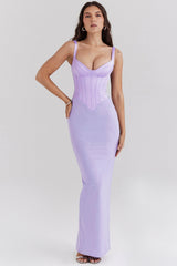 orchid satin corset maxi dress