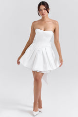 white satin strapless bow mini gown