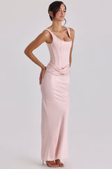blush pink satin gathered maxi dress