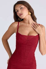 deep red stretch mesh corset maxi dress