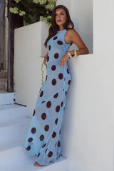 TERA HIGH NECK MAXI DRESS - SKY BLUE/CHOC POLKA