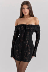 black floral lace off shoulder mini dress