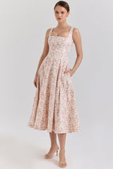 cream floral print cotton midi sun dress