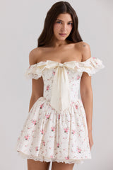 stretch cotton floral print off shoulder corset mini dress