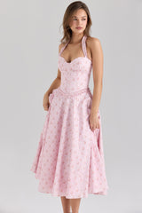 pink rose print stretch cotton halter neck midi dress