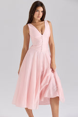 pink chiffon button midi dress