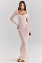 blush mesh maxi dress with bodysuit