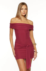 Heather Burgundy Off Shoulder Wrap Mini Dress
