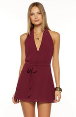 Jazmene Burgundy Halter Neck Wrap Mini Dress