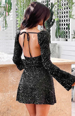 Marienne Black Velvet Sequin Long Sleeve Mini Dress