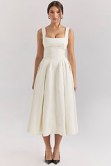 ivory textured satin corset midi dress