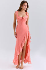 coral georgette ruffle maxi dress