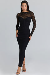 black lace long sleeved corset maxi dress