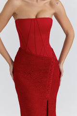 red satin lace strapless maxi dress