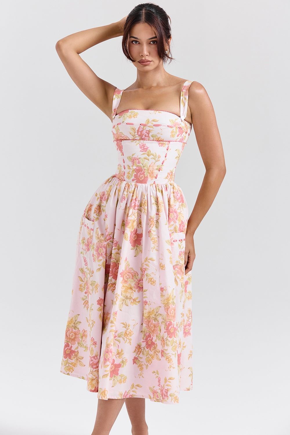 peach poppy print cotton midi sundress
