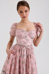 pink floral chiffon midi dress