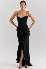 black mesh ruffled front gown