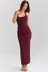 grape stretch mesh halter neck midi dress