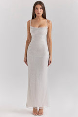 silver pearl embellished maxi dress