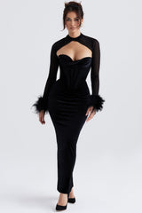 black velvet corset maxi dress