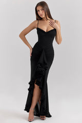 black mesh ruffled front gown