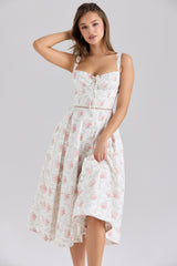rose print cotton button front midi dress
