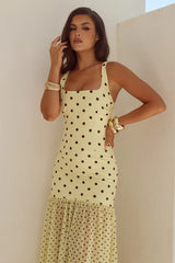 TILLIE SHEER BOTTOM MAXI DRESS - LEMON/CHOC POLKA