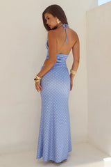 LUMIA HALTER CUTOUT MAXI DRESS - PERIWINKLE/LEMON POLKA