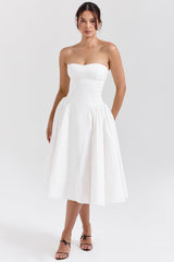 white cotton strapless midi sundress