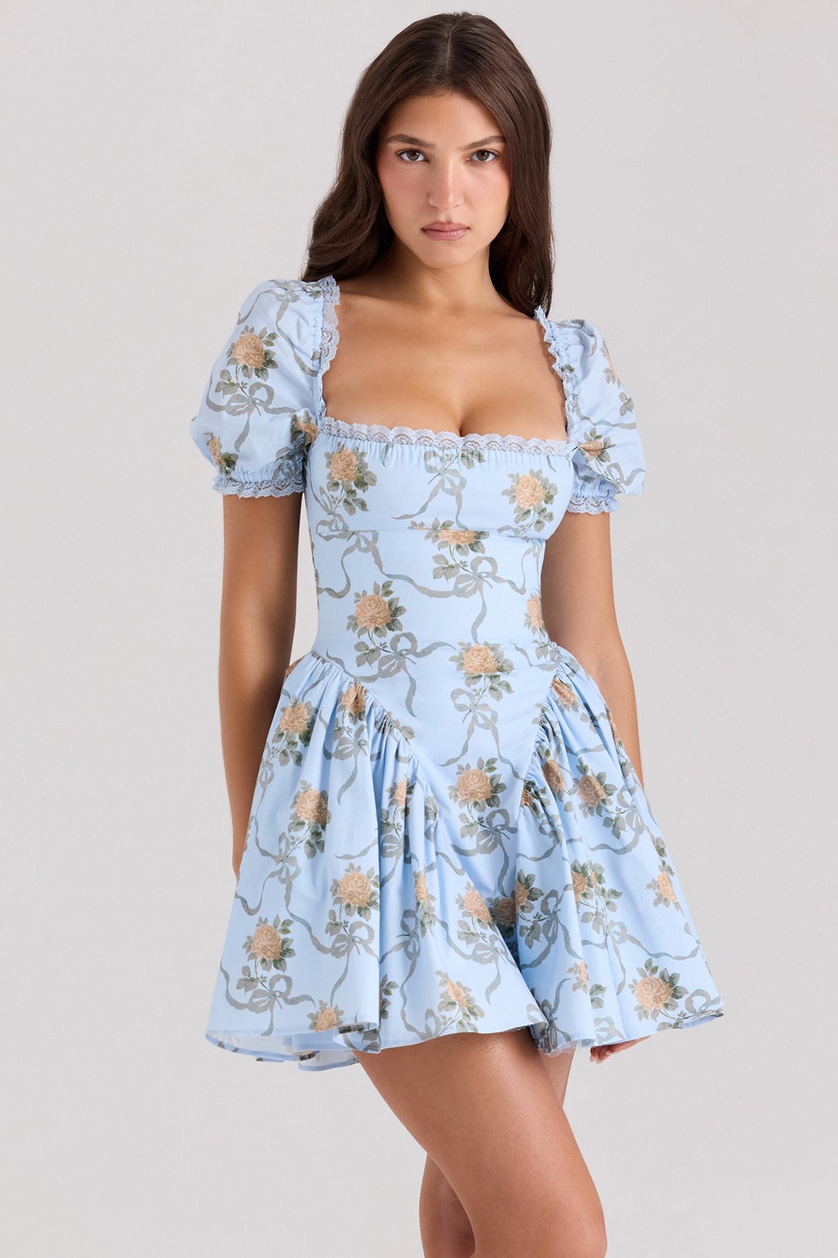 blue rose print cotton mini dress