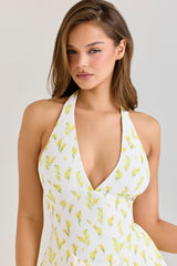 lemon floral print georgette halter neck mini dress