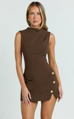 Langley Mini Dress - Sleeveless High Neck Faux Wrap Tulip Dress in Brown