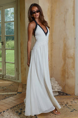 CAROLINA HALTER RUCHED MAXI DRESS - IVORY/BLACK POLKA