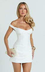 Tanisha Mini Dress - Off Shoulder Draped Waist Dress In White
