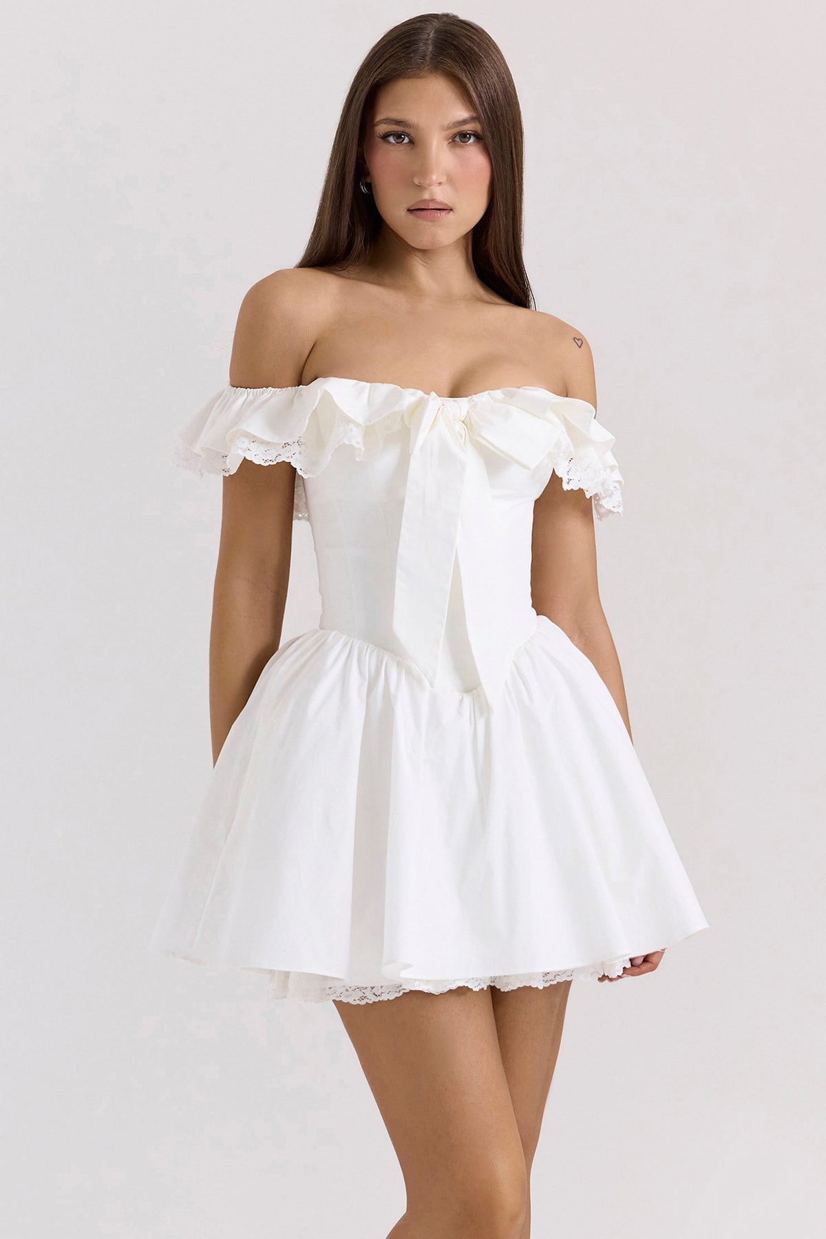 white cotton off shoulder corset mini dress