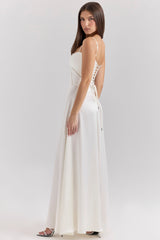 ivory satin lace up maxi dress