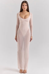blush mesh maxi dress with bodysuit