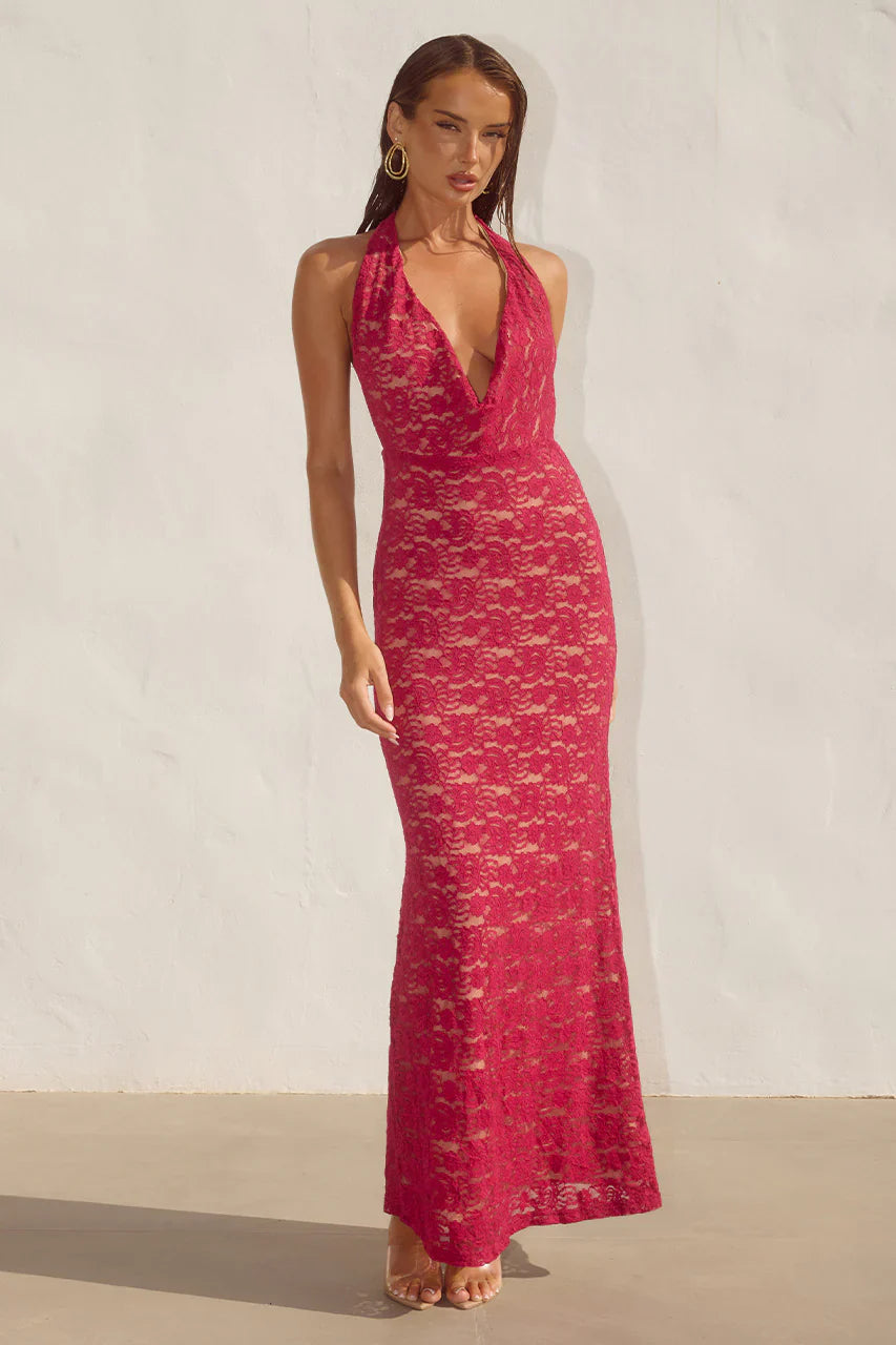 KYLO PLUNGE COWL MAXI DRESS - BERRY