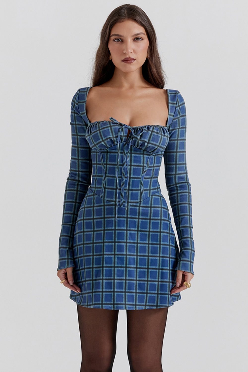 blue tartan corset mini dress