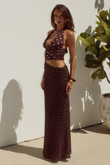VALERIA HALTER CUTOUT MAXI DRESS - CHOC/LEMON POLKA