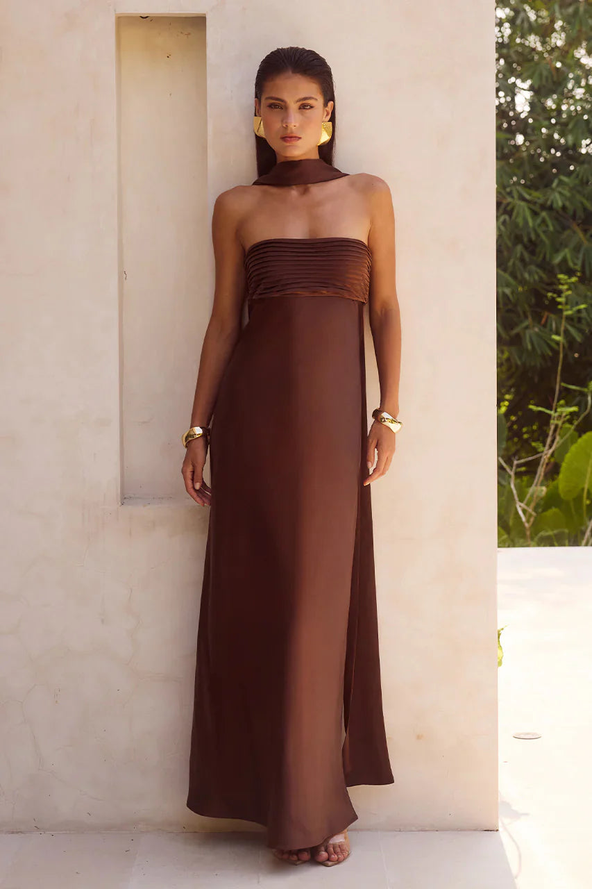 ELSA STRAPLESS SCARF MAXI DRESS - CHOCOLATE