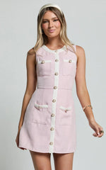 River Mini Dress - Boucle Button Through A Line Dress In Light Pink