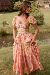 peach poppy print puff sleeve midi sundress