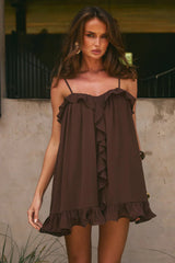 KRISTIA FLOUNCE RUFFLE MINI DRESS - BITTER CHOCOLATE